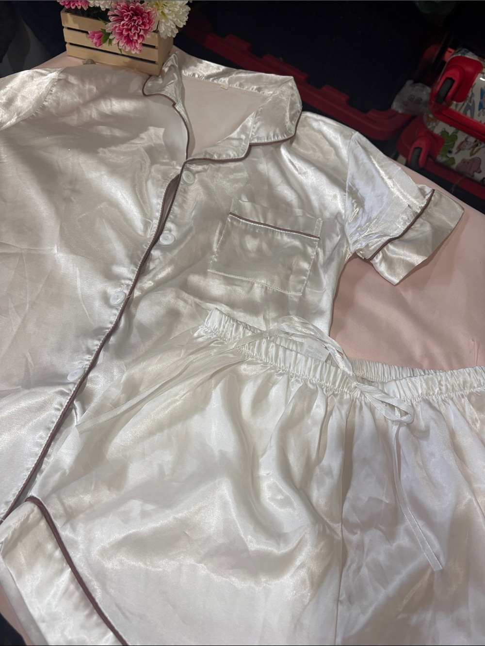 Satin Short Sleeve Pajama Set - Ivory with Brown Trim